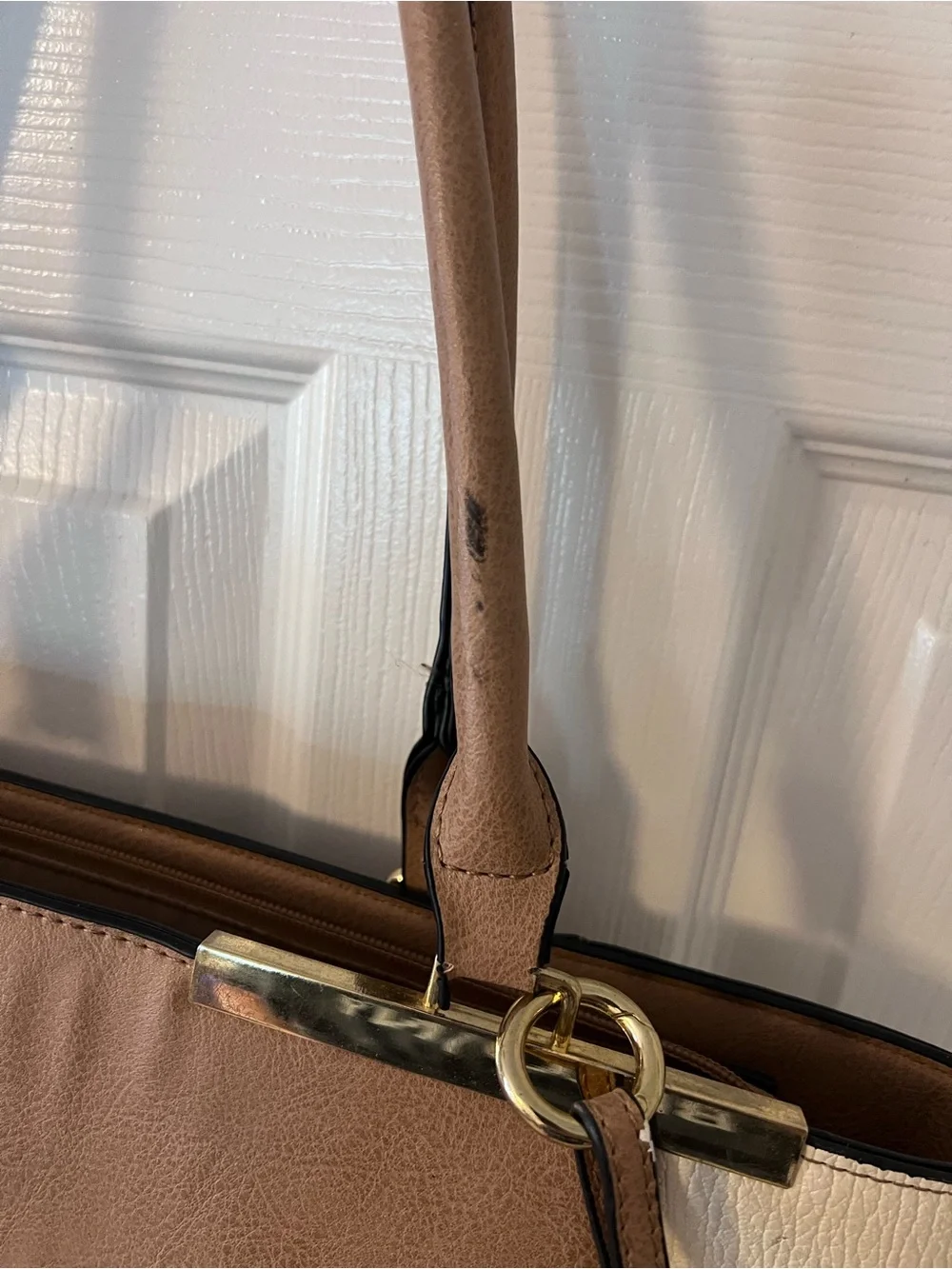 Adrienne Vittadini Taupe and Cream Shoulder Tote with Pom Charm Tan Work Bag